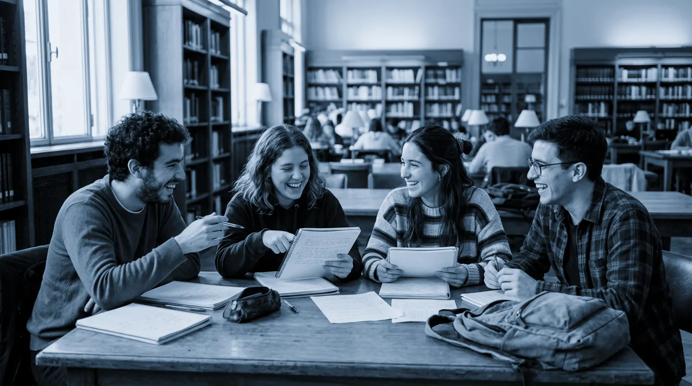 Un grupo de estudiantes compartiendo apuntes en una biblioteca
